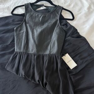 Rae Francis Stunning Black Backless Faux Leather Dress with Flowy Satin Skirt